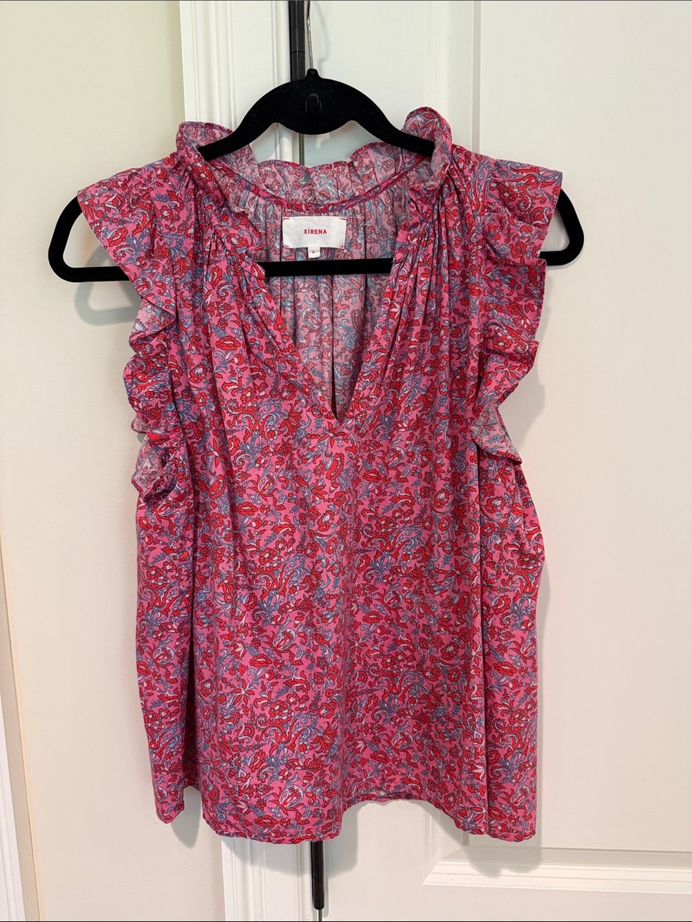 Xirena Bex Top Pink Paisley Ruffle Sleeve V-Neck Top